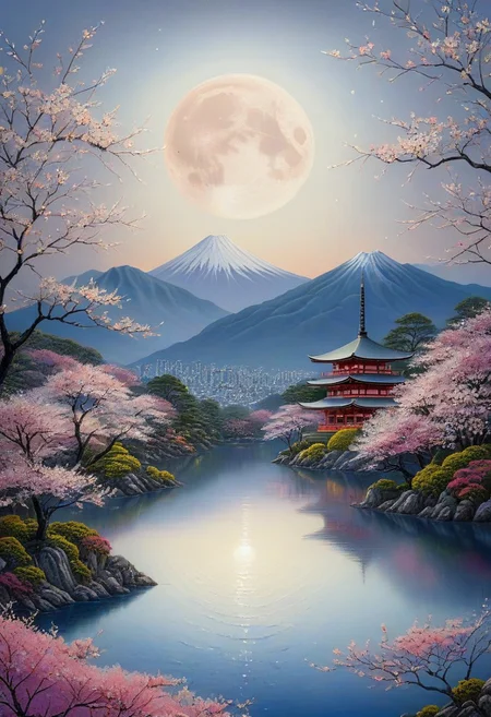 seductive beauty, closeup, beautiful face, fragile beauty, pretty eyes, stunning artwork, psychodelic scenic japan night landscape, sakura garden, mountains, lake, perfect composition, full moon, haze, low angle, masterpiece, award winning,, ultra detailed, highly detailed, 8k, uhd