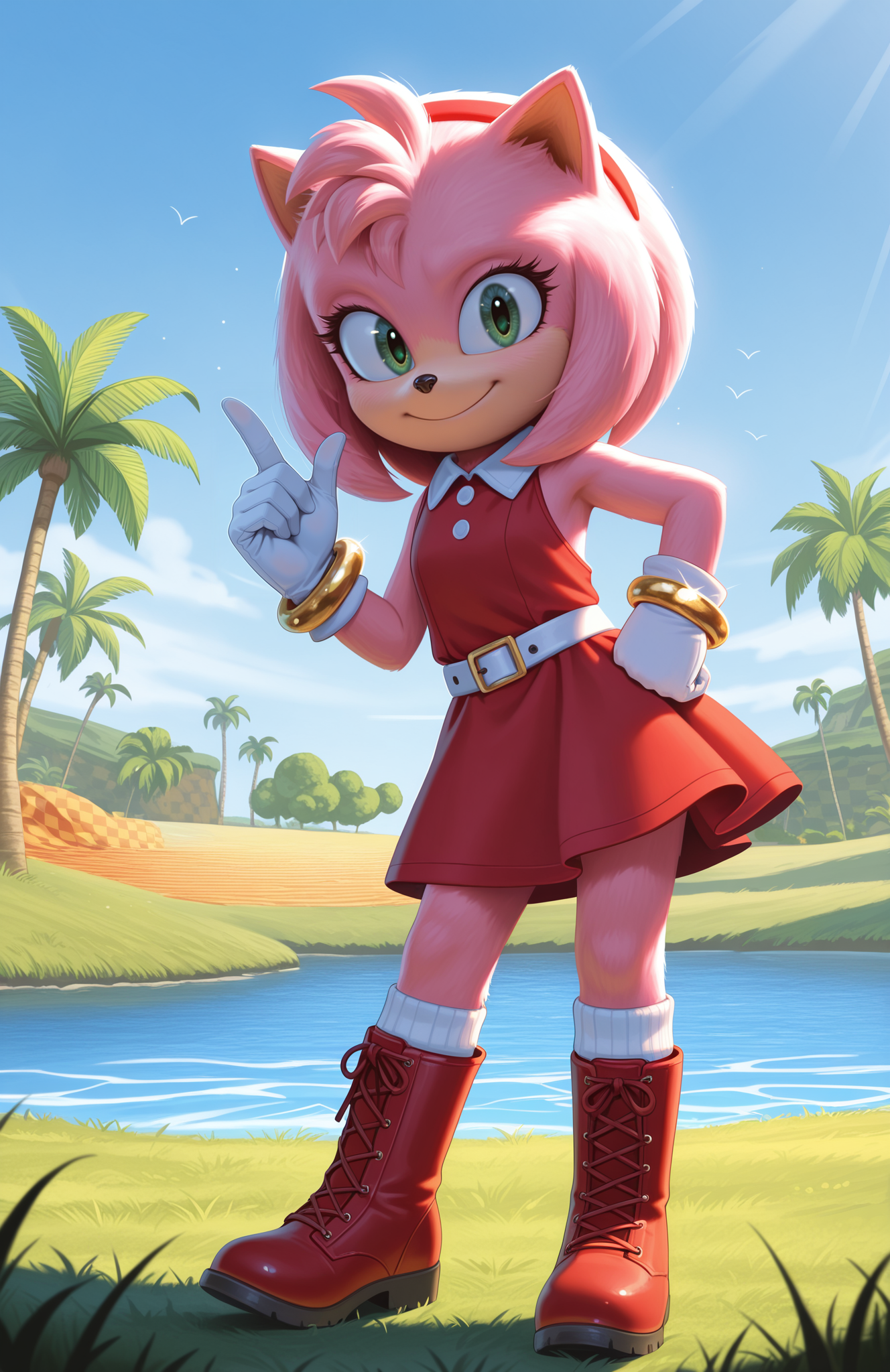 1girl, solo, full body, no humans, furry,
<lora:Movie-Amy_v3:1> movieamy, petite, short legs, happy, smile, short, pink fur,
red hairband, red dress, sleeveless dress, backless outfit, white belt, collared dress, white socks, white gloves, standing, lace-up boots, red boots,
contrapposto, standing, smile, looking at viewer, hand on own hip, gold bracelet,
<lora:Green_Hill_Zone-IL:0.8> gr33nh1ll, outdoors, blue sky, palm tree, grass, water, checkered dirt, extremely detailed, highres, masterpiece, best quality
