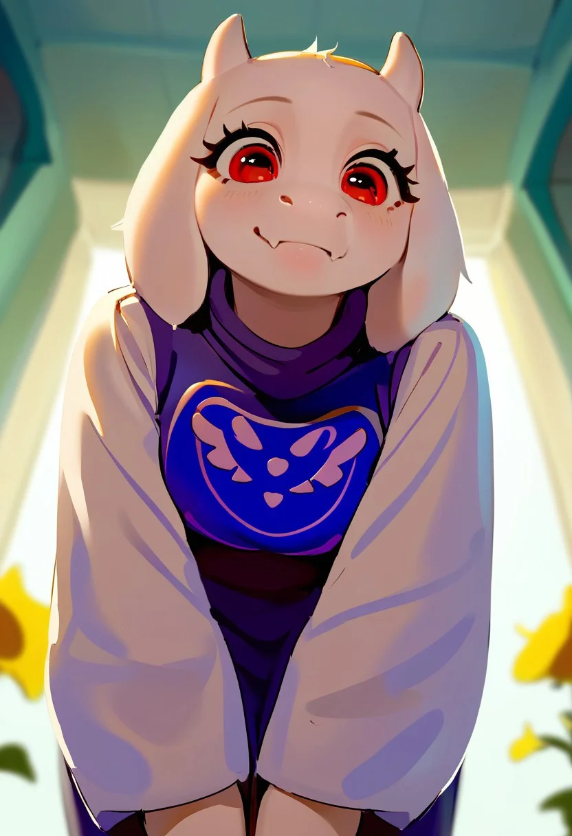 Vivid art style, outline, score_9, score_8_up, score_7_up, source_anime, hi res, masterpiece, extremely detailed, best quality, highres, Lico_PS, very beautiful, cute, toriel, focus on hand, backlighting:1.2, yellow flowers, (white fur), ((fluffy face:0.8)), serene, (((close up:1))), (perfect eyes:1), red eyes, smile, from below, leaning over, lifting arm, hands on knees, out of focus background,