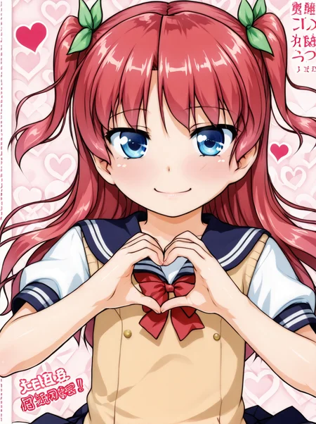 detailed background, shiny skin, posing, rating safe,
<lora:aogiri.pony:1>,
aogiri, kazumi, ,
two side up,
school uniform, heart hands,