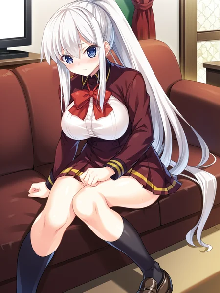 <lora:Escude_-_Yamizome_Liberator_-_All_in_One:1>,schoolichika, escude, ichika, 1girl, solo, long hair, ponytail, school uniform, socks, kneehighs, skirt, breasts, blue eyes, very long hair, shoes, large breasts, black socks, blush, loafers, white hair, indoors, living room, couch, television,, score_9, score_8_up, score_7_up,source_anime,(masterpiece),(best quality),(ultra-detailed),(best illustration),(best shadow),(absurdres),(detailed background),(very aesthetic),source_anime