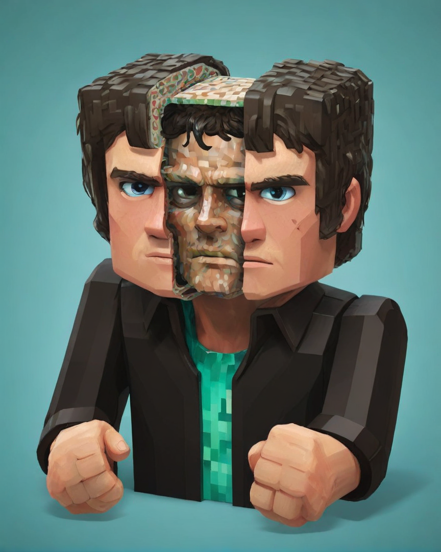 <lora:split2:1> split head, split head and body Watson, inside Minecraft