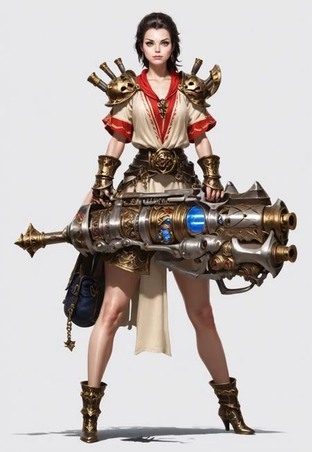 score_9, score_8_up, score_7_up, rating_safe, concept art, semi-realistic, 1girl, solo,
Young beautiful face, fit body,
HHWeapon, Holding weapon, ((Huge weapon)),
Holding weapon with two hands.
Fantasy gun. Rotary Gun.
Simple background.