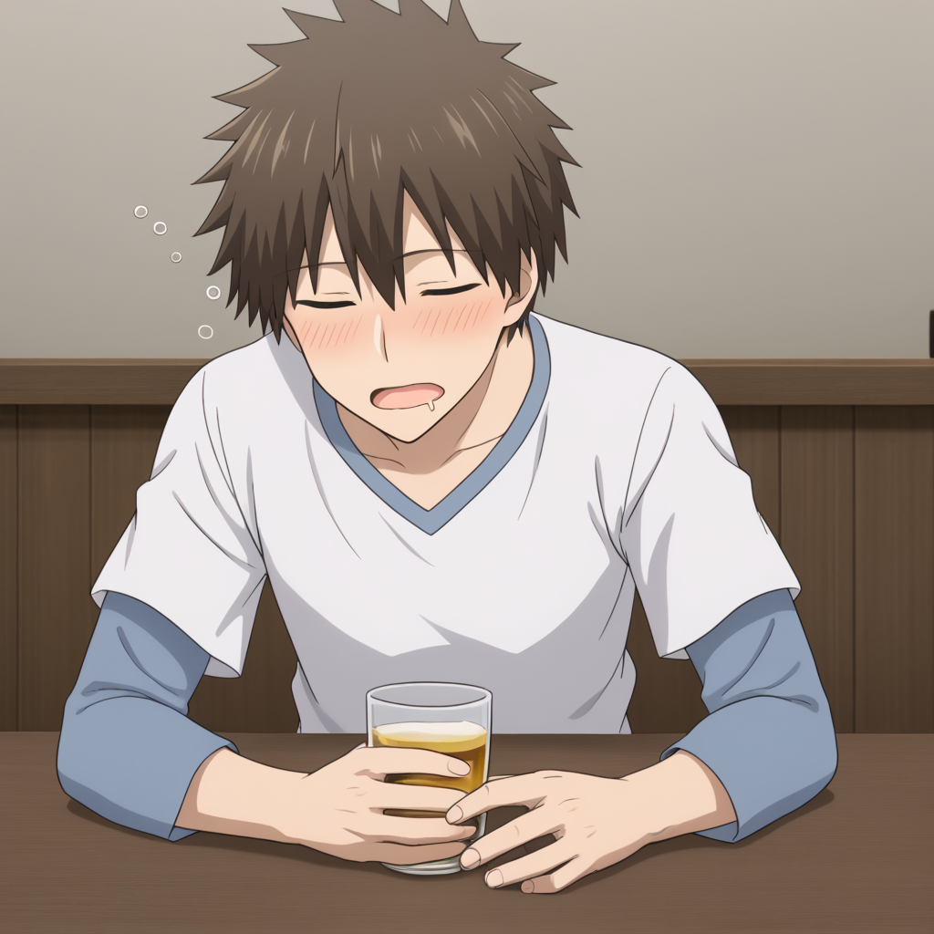 masterpiece,best quality,amazing quality,sakurai shin'ichi,1boy,solo,male focus,holding,sleeping,closed eyes,blush,drooling,drunk,open mouth,cup,blue and white shirt,layered sleeves,table,indoors,bar /(place/),alcohol,<lora:shinichi_sakurai_V2-3:1>,