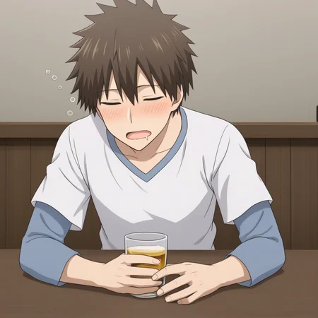 masterpiece,best quality,amazing quality,sakurai shin'ichi,1boy,solo,male focus,holding,sleeping,closed eyes,blush,drooling,drunk,open mouth,cup,blue and white shirt,layered sleeves,table,indoors,bar /(place/),alcohol,<lora:shinichi_sakurai_V2-3:1>,