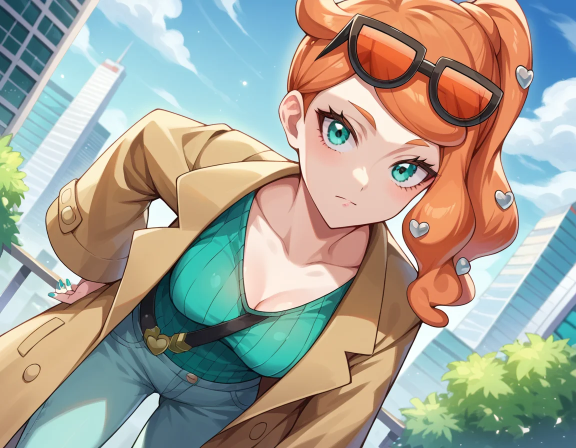 score_9, score_8_up, score_7_up, source_anime,
pokemonsonia, <lora:pokemon-sonia-ponyxl-lora-nochekaiser:1>
pokemonsonia, aqua eyes, heart, heart hair ornament, long hair, long sleeves, orange hair, side ponytail, swept bangs,
aqua footwear, aqua nails, aqua shirt, brown coat, brown jacket, coat, collarbone, eyewear on head, jacket, long sleeves, orange-tinted eyewear, pants, ribbed shirt, shirt, sunglasses, tinted eyewear,
outdoors, cityscape, bent over,
looking at viewer, cowboy shot, dutch angle,