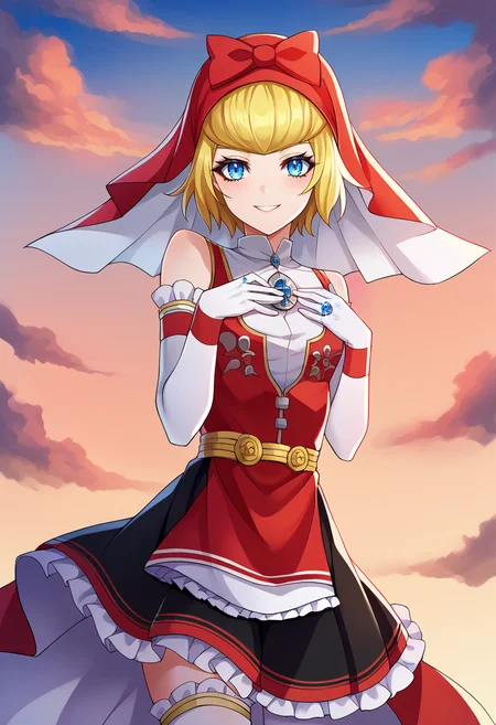 score_9, score_8_up, score_7_up, source_anime BREAK solo, 1girl, <lora:Engage-S-Rank-pdxl_Fp:1>, sky, cloud, smile, wedding ring, <lora:Idun-pdxl-DoRA_Fp:1>, idunnsmt, short hair, blonde hair, blue eyes, veil, red bow, red dress, vest, frilled skirt, white gloves, elbow gloves, white thighhighs, smile, bare shoulders, miniskirt, black skirt, looking at viewer, brooch, hand on own chest,
