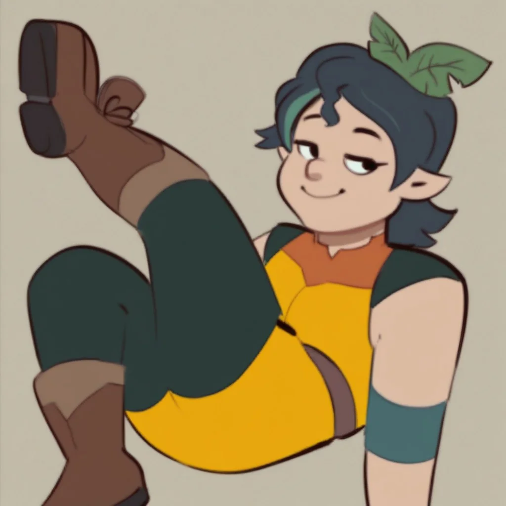 score_9, score_8_up, score_7_up, score_6_up, score_5_up, score_4_up, masterpiece, high quality, detailed, best quality, solo, 1girl, Pandora, plus-sized, muscular, pale skin, pointy ears, green hair, plant on head, Yellow tank top, green shorts, brown boots,
