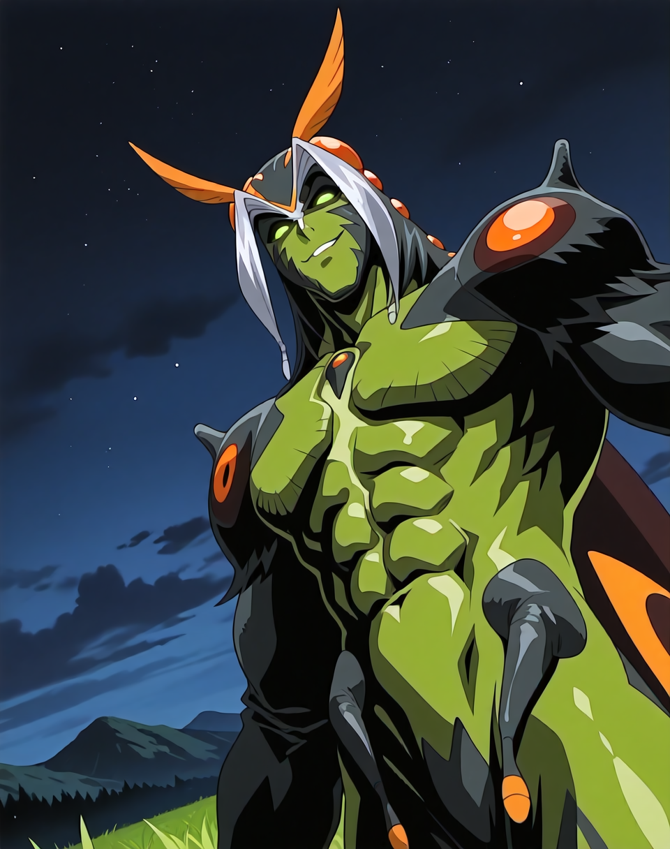 <lora:Ryokuga_(La_Blue_Girl_Returns)_(Illustrious)_(AD):1.35> Ryokuga, muscular, insect man, 
dutch angle, exterior, mountains, grass, night time, dark sky with dark clouds, 
male focus, gradient coloring, solo, close up, green body, green face, villain, hyper muscular, large shoulders, large biceps, glowing eyes, abs, head turned to viewer, looking directly at viewer, seductive, brash, smirk, smooth shading, 
BREAK very awe, aesthetically pleasing, masterpiece, best quality, amazing quality, very aesthetic, perfect depth of field shot, in'ei, masterclass anime, 
Smooth Quality, lazympos, IllustQualXL_Pos,