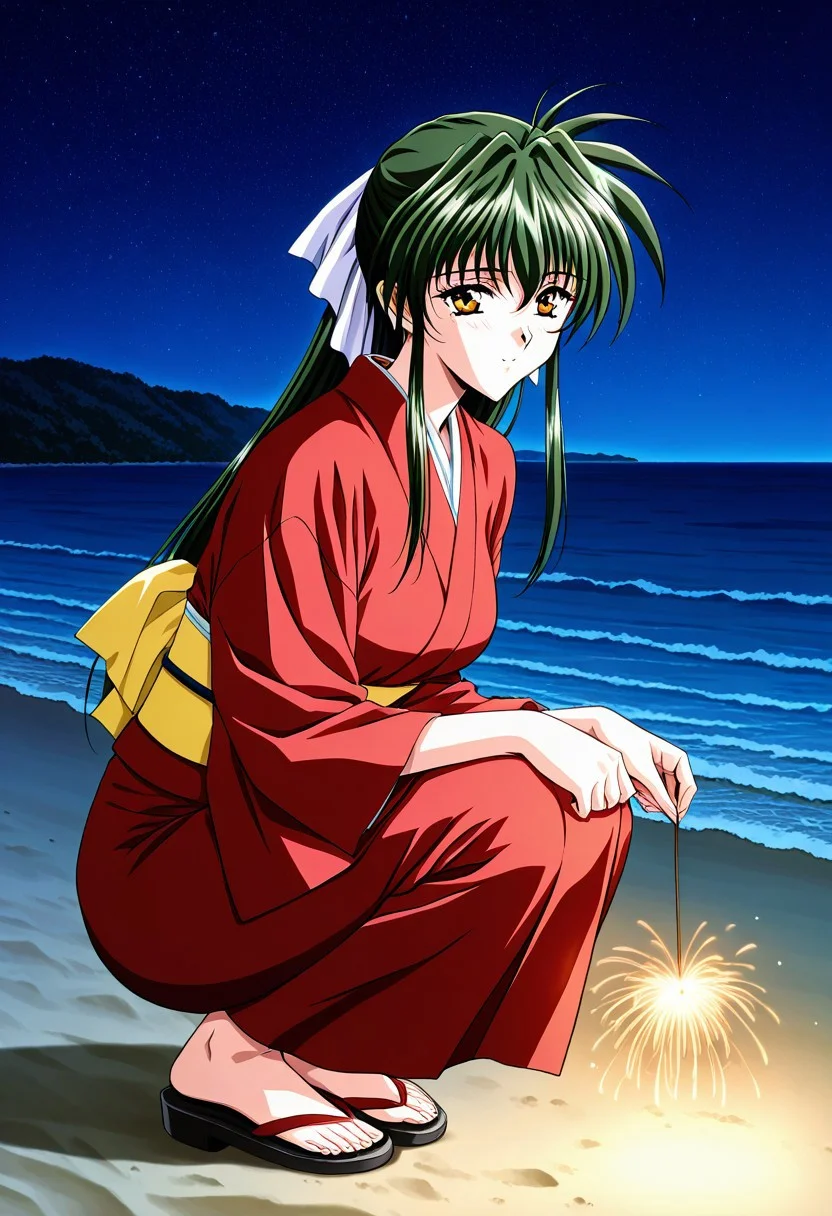 general,highres, ultra-detailed,very aesthetic,best quality ,best hands,masterpiece, best quality, newest, highres, score_9, score_8_up, score_7_up, source_anime, rating_explicit,1girl, yokota mamoru style,motion lines,,Very straight nose,slim,slender face,perfect nose,1990s (style)
Sendou Hitomi, Green Hair, Sidehair, Waist Length Hair,Amber Eyes,Necktie, Ribbon Hair Tie
anime screencap,1girl, solo, masterpiece, best quality, amazing quality, very aesthetic, absurdres, newest, scenery, perfect face,intricate,beautiful scenery,ultra realistic 8k CG,perfect artwork,absurd-res, beatiful long legs,beatiful body,narrow waist,1girl,medium breasts,red kimono, japanese clothes, squatting, realstic background, depth of fields,outdoors,ocean,sand beach,night,starry sky,from side, senkou hanabi, holding fireworks, sparkler,<lora:senkou_hanabi_il_d16:1>