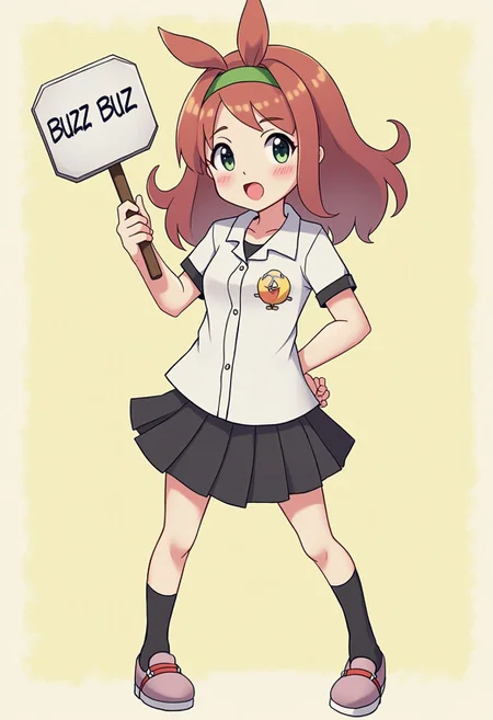 anime girl from pokemon series holding sign it say "buzz buzz buzz" , pokemon style