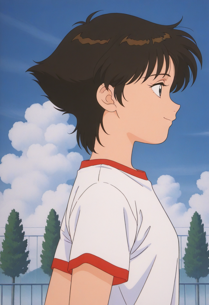 masterpiece, best quality, source_anime,official art,perfect_anatomy,1990s_\(style\),retro_artstyle,1girl,solo,Aiko,black hair,short hair,white gym_shirt,t-shirt,looking_at_viewer,smile,profile,upper body,day,blue_sky,cloud