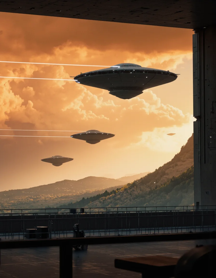 By Paul Chadeisson. A photo-realistic shoot from a far camera angle about two flying saucers over a mountainous landscape during sunset, with dramatic clouds and mountains in the background. the image also shows dramatic lighting effects, with contrails visible in the sky. on the left of the image, a distant mountain range is visible, with a few clouds scattered across the sky, and on the right of the mountain range, another distant mountain peak is visible. the sky is filled with orange hues, and the overall atmosphere is dramatic and dramatic. in the foreground, a futuristic cityscape with tall buildings and a railing can be seen, with no other objects or structures in sight.
