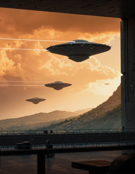 By Paul Chadeisson. A photo-realistic shoot from a far camera angle about two flying saucers over a mountainous landscape during sunset, with dramatic clouds and mountains in the background. the image also shows dramatic lighting effects, with contrails visible in the sky. on the left of the image, a distant mountain range is visible, with a few clouds scattered across the sky, and on the right of the mountain range, another distant mountain peak is visible. the sky is filled with orange hues, and the overall atmosphere is dramatic and dramatic. in the foreground, a futuristic cityscape with tall buildings and a railing can be seen, with no other objects or structures in sight.