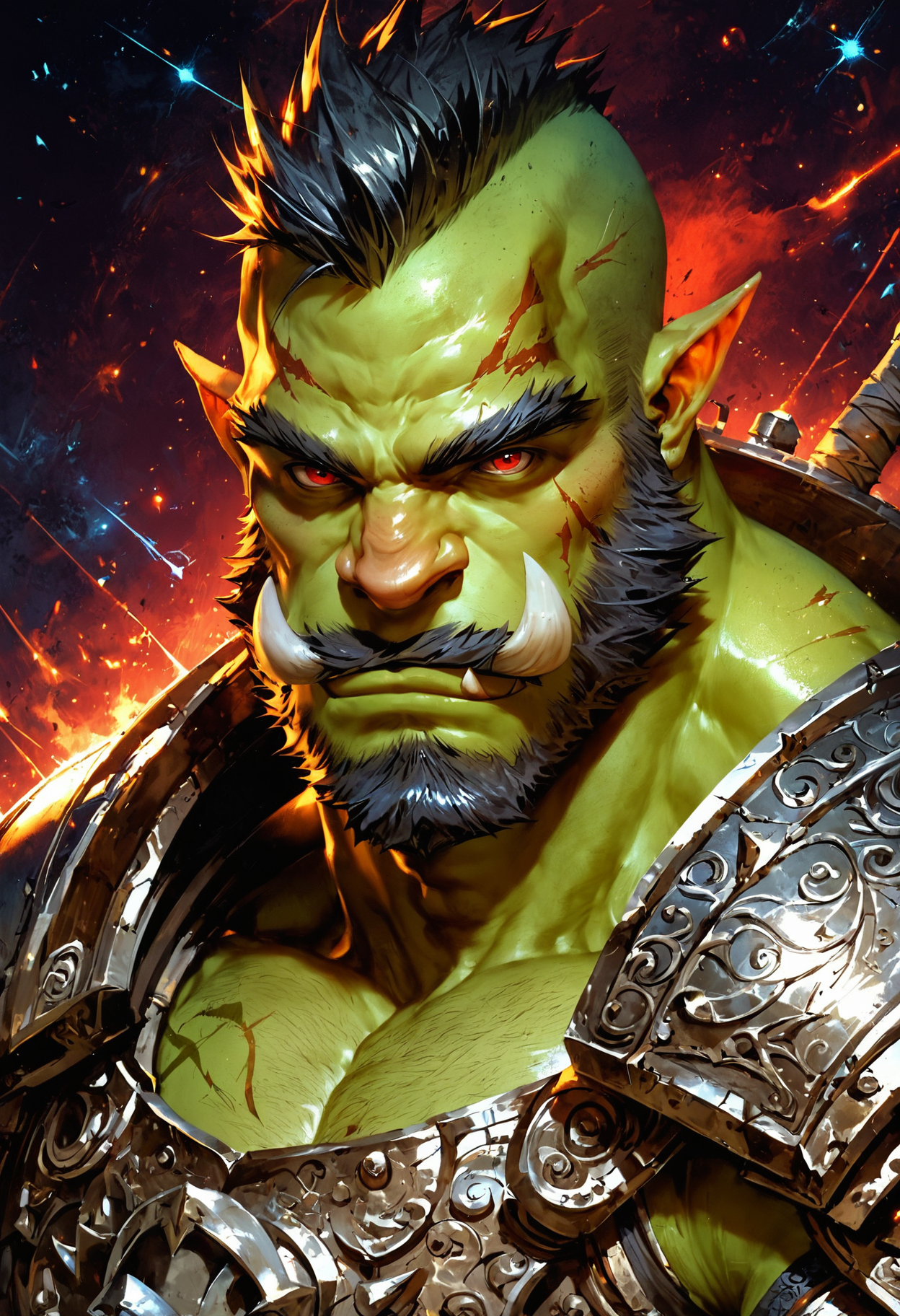 (score_9, score_8_up), score_7_up, zPDXL, solo,  <lora:MythAnim3Style:0.8>, MythAn1m3, source_anime, concept art, digital art, realistic, 1boy, solo, male focus, mature male, orc, green skin, tusks, red eyes, short hair, black hair, facial hair, beard, mustache, looking at viewer, armor, shoulder armor, breastplate, pauldrons, chainmail, upper body, closed mouth, standing, outdoors, night, night sky, dark background, dynamic angle, concept art, realistic, highly detailed