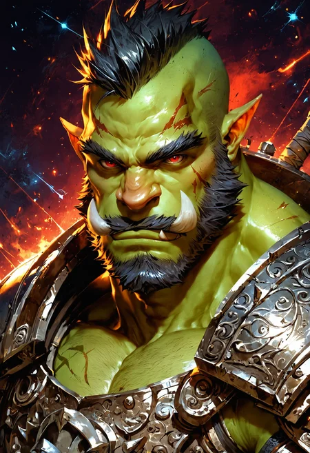 (score_9, score_8_up), score_7_up, zPDXL, solo, <lora:MythAnim3Style:0.8>, MythAn1m3, source_anime, concept art, digital art, realistic, 1boy, solo, male focus, mature male, orc, green skin, tusks, red eyes, short hair, black hair, facial hair, beard, mustache, looking at viewer, armor, shoulder armor, breastplate, pauldrons, chainmail, upper body, closed mouth, standing, outdoors, night, night sky, dark background, dynamic angle, concept art, realistic, highly detailed