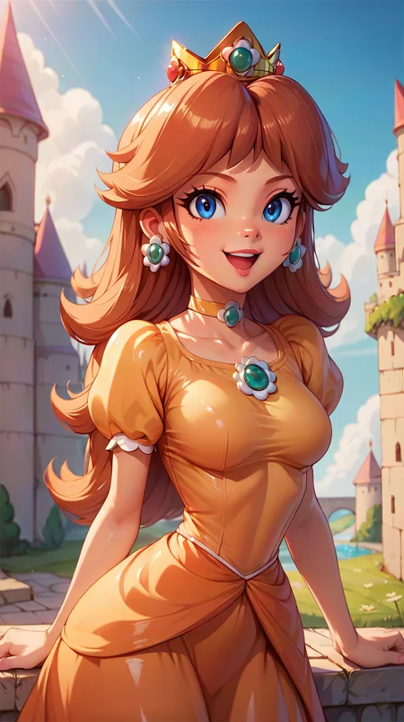 score_4,score_5,score_6,score_7_up,score_8_up,score_9 BREAK 1girl,solo,jewelry,earrings,long hair,breasts,very long hair,big hair,choker,dress,medium breasts,:d,outdoors,smile,open mouth,<lora:Princess_Peach_Shiny_Style_V2:0.8>,shiny,shiny skin,princess daisy,castle,