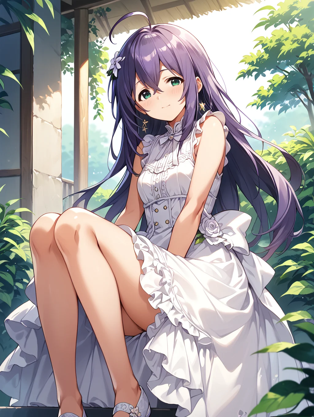 score_9,score_8_up,score_7_up,
official art,official style,game cg,megami magazine,
uncensored,
1girl,solo,
mochizuki anna,purple hair,green eyes,ahoge,long hair,
dress,white dress,sleeveless dress,
<lora:idolmaster_mochizuki_anna_pony_v1.1-000006:1>,