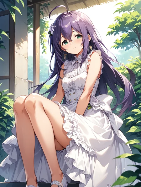 score_9,score_8_up,score_7_up,
official art,official style,game cg,megami magazine,
uncensored,
1girl,solo,
mochizuki anna,purple hair,green eyes,ahoge,long hair,
dress,white dress,sleeveless dress,
<lora:idolmaster_mochizuki_anna_pony_v1.1-000006:1>,