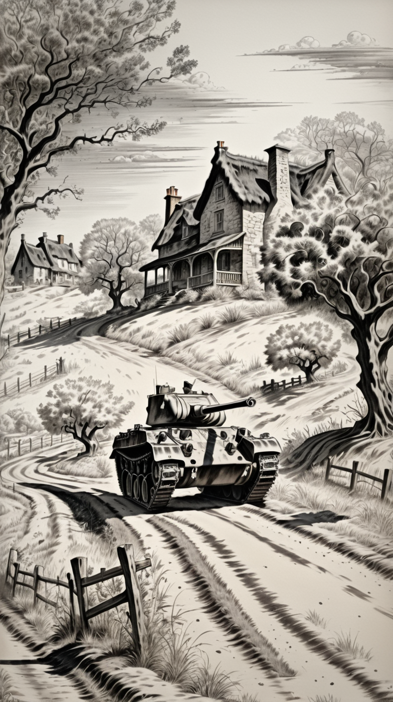 A tank drives down a country road, old crooked trees in an orchard and cottages, black ink <lora:corcoc1s:0.8>