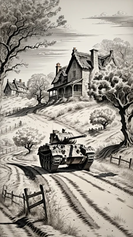 A tank drives down a country road, old crooked trees in an orchard and cottages, black ink <lora:corcoc1s:0.8>