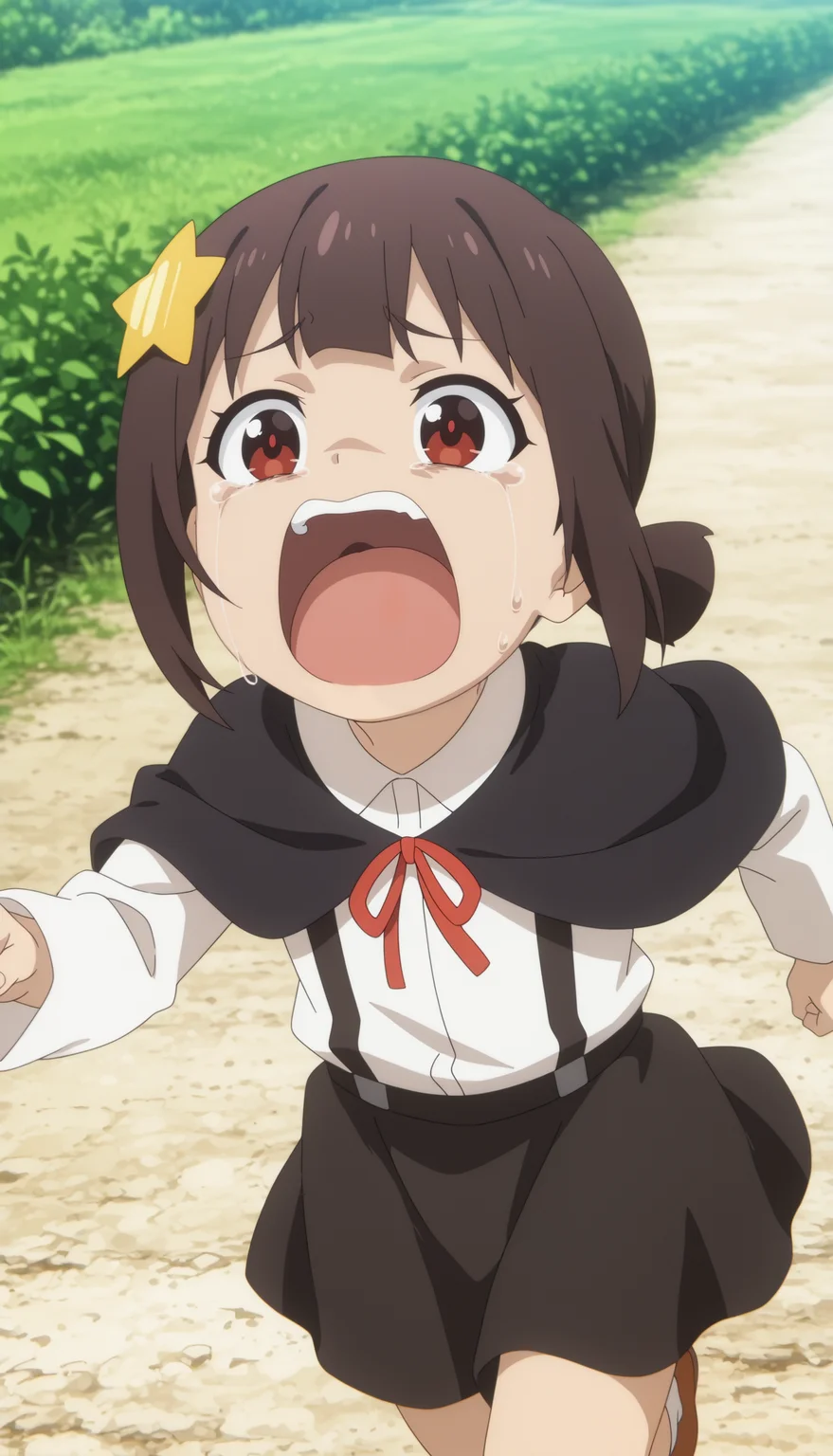 newest, anime coloring, 1girl, girl, komekko, shorty, child girl, black skirt, black capelet, white long sleeve shirt, black suspenders, running, scared, crying, screaming, outdoors,   <lora:Megumin_komekko_yuiyui_yunyun_kazuma-PDXL_illustrious_v5:1>