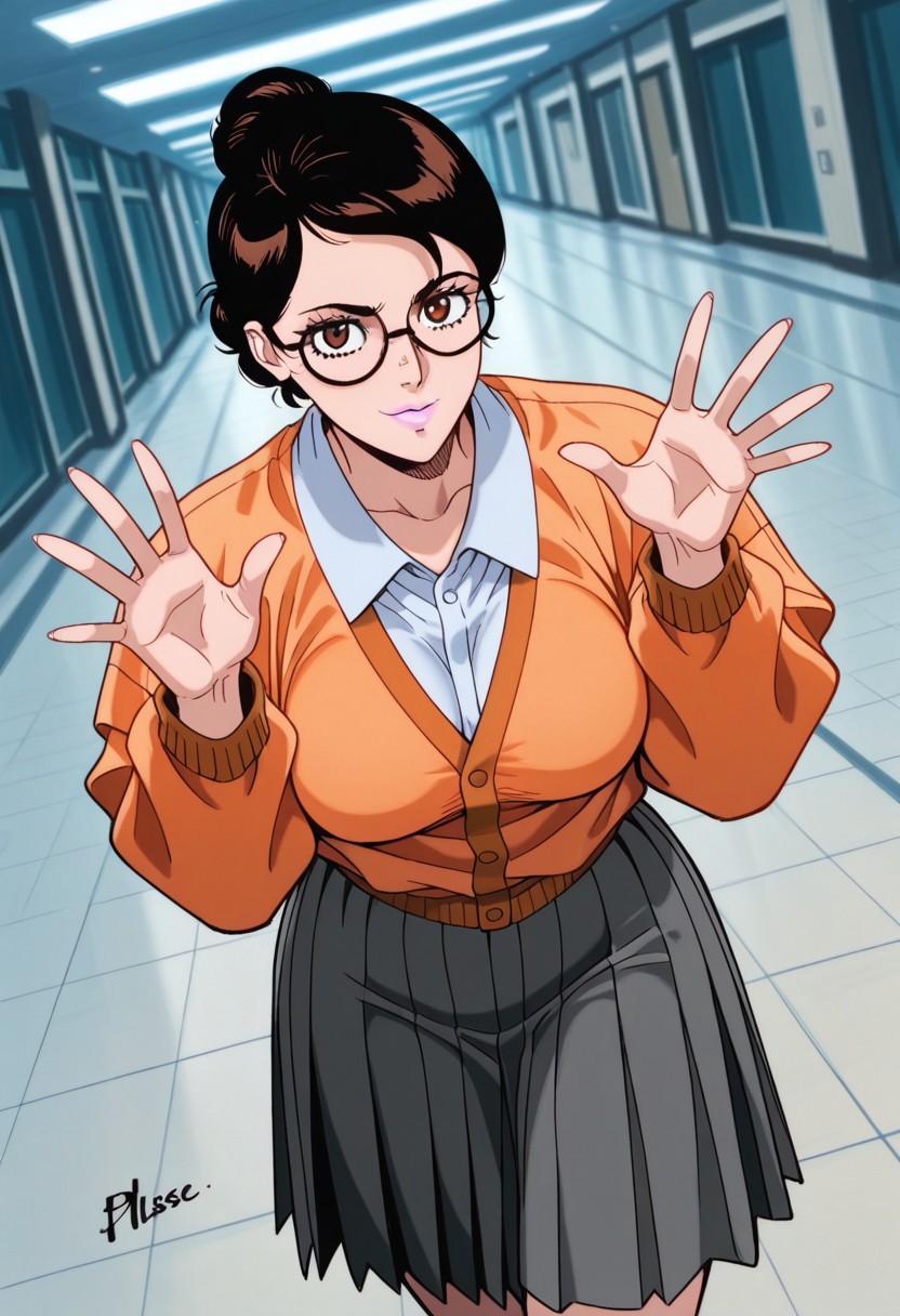 ReikaYogawaAC, 1girl, solo, black hair, short hair, hair bun, brown eyes, nose, light pink lips, round glasses, large breast, thick thighs, white collared shirt, orange jacket, plisse grey skirt,, baggy clothes, long sleeves, shoes,
,seductive pose, sexy pose, tease, 
masterpiece, best quality, ultra-detailed, very aesthetic, detailed background, very aesthetic, newest, scenery, highres, 4k, absurdres, 8k, colorful,vibrant, glowing, perfect face, 2d, perfect eyes, detailed eyes, 
 masterpiece, best quality, ultra-detailed, very aesthetic, newest, scenery, absurdres, perfect anatomy, , perfect face, perfect eyes, mature body, clear eyes, beautiful eyes, athletic, curvy body, athletic girl, perky tits, perfect tits, round breasts, pinup pose, teasing, lustful expression,
muscular female, dutch angle,
,detailed eyes, Smooth Negative, highres, absurdres,   uncensored, gesture,