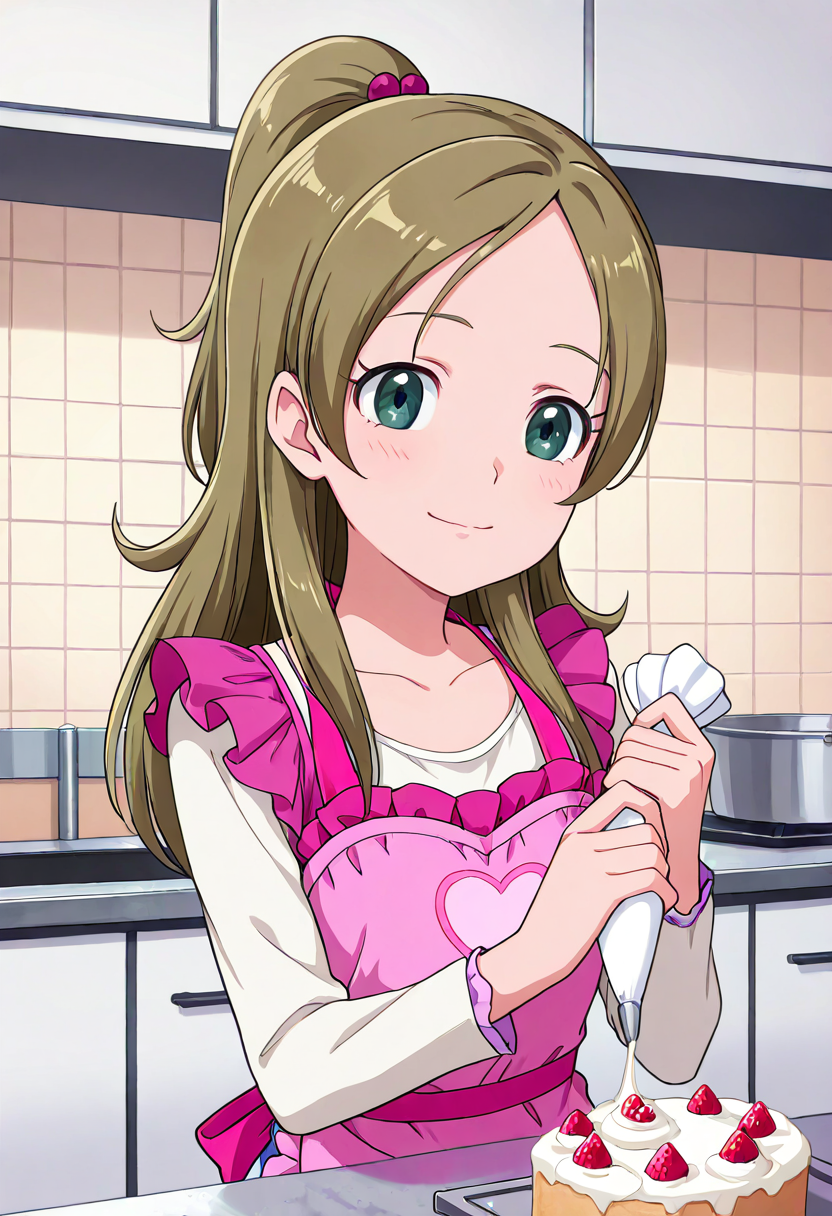 masterpiece, best quality, absurdres, very aesthetic, general,
minamino kanade, casual, 1girl, solo, cake, green eyes, smile, eyelashes, long hair, brown hair, half updo, ponytail, collarbone, pink apron, long sleeves, hair ornament, indoors, shiny hair, pastry bag, frills, closed mouth, kitchen, looking at viewer, hair bobbles, light brown hair, upper body, icing, frilled apron, white shirt, aqua eyes, blonde hair, heart print, flipped hair, parted bangs, scrunchie, blue eyes, light smile, happy, cream, baking, pastry, high ponytail, cooking, green hair, anime coloring, 
 <lora:cure_rhythm_minamino_kanade_illustXL_locon_v1:0.7>