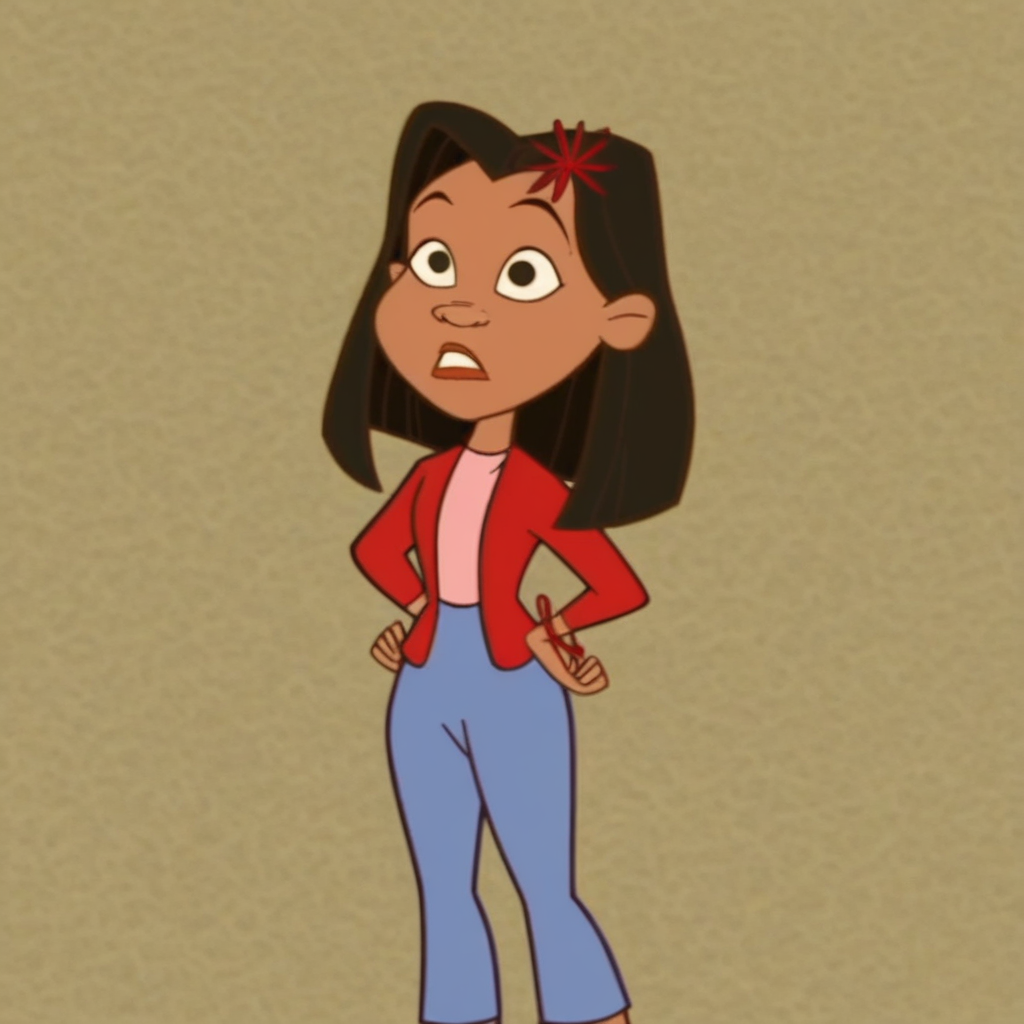 flower in hair, pink shirt, red flower, blue jeans, dark skin, blue shoes, red sweater, brown hair, brown eyes, red bracelet