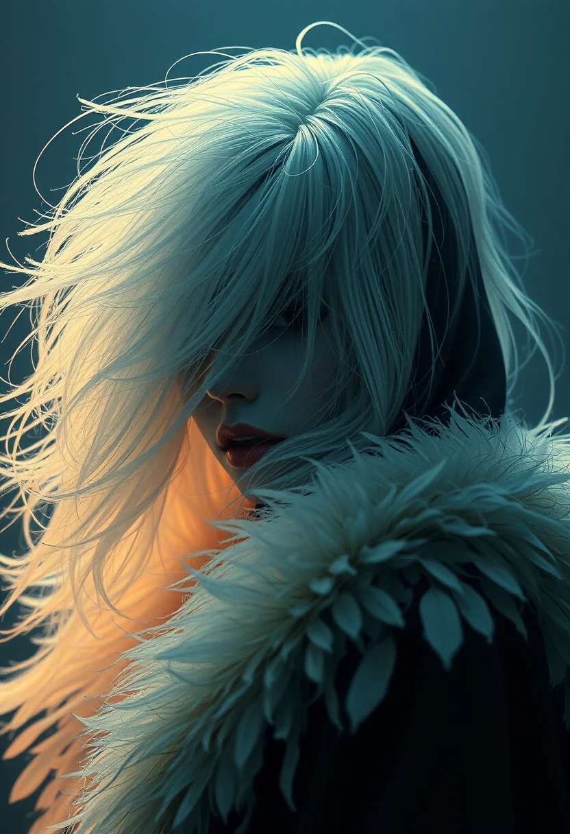 ink art, Shrouded , White glowing hair, closeup Portrait of a woman with no Face and no eyes, billowing hair, and billowing feathered cloak, very detailed analog photo, atmospheric lighting, neon and black colored, mysterious, abstract and surreal, by Satoshi Kon,