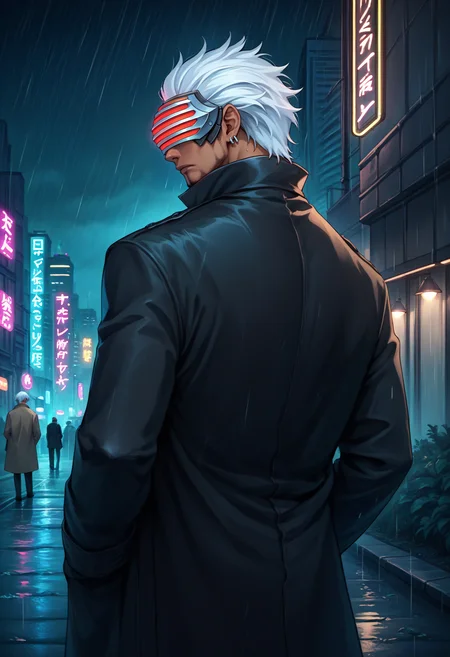score_9, score_8_up, score_7_up, source_anime, 1boy, from behind, looking back, serious, <lora:GodotAA-pdxl:1> gdAA, white hair, short hair, mask, covered eyes, dark-skinned male, beard, single earring, black coat, trench coat, city, night, rain, neon lights
