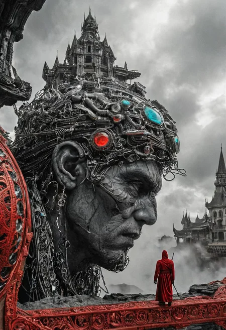 towering building loom, their peaks veiled in mist.precious stones,  intricate details, natural lighting, volumetric the headset A black and white illustration of an angry coach, arguing, bent over in frustration, holding towel, with lightning and clouds swirling around him in all its glory. swirlysci-fi red intricately detailed, complex, elegant, expansive, fantastical, film photography style,  medium grain, FRESHIDESH Moebius comic book