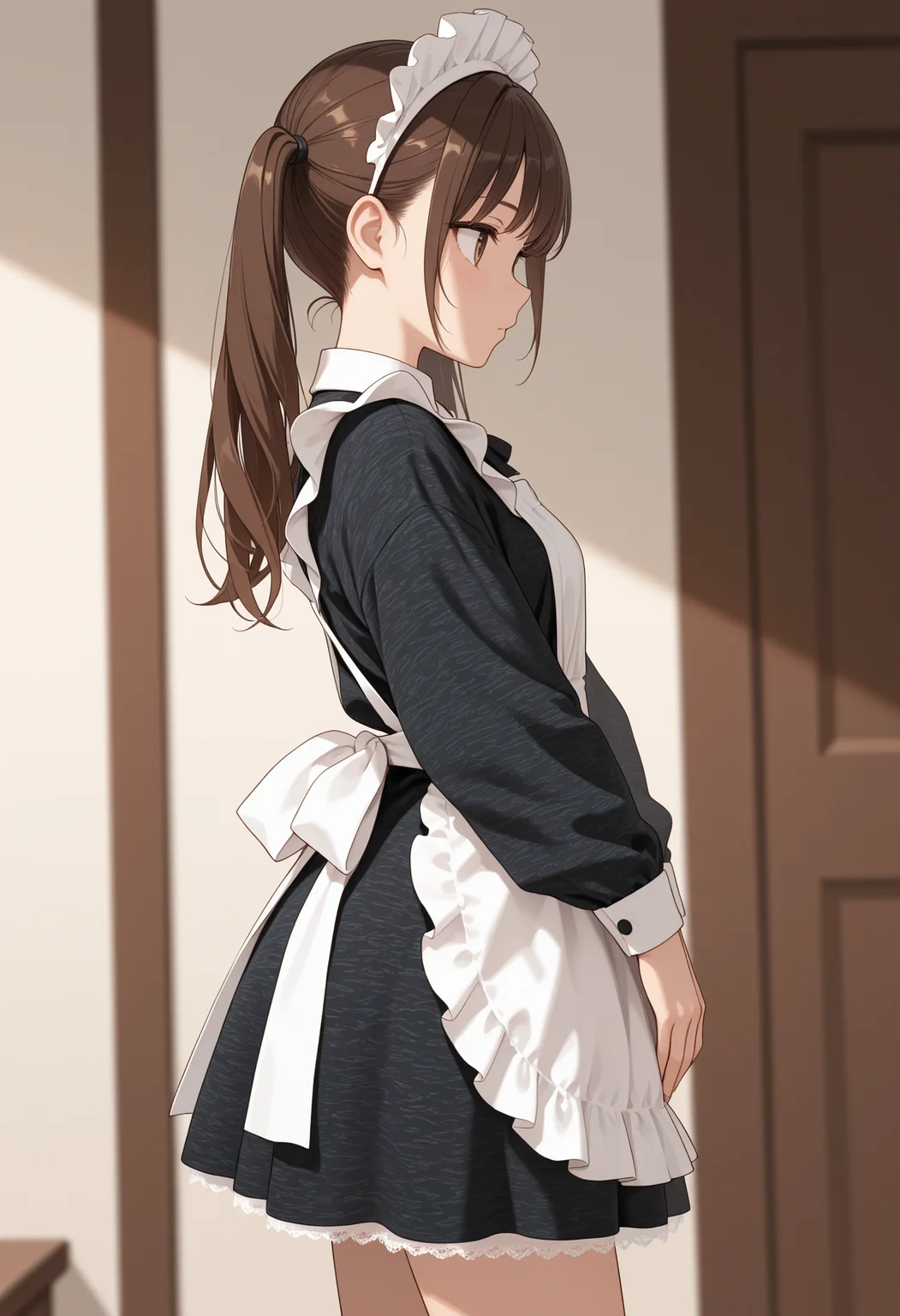 masterpiece, best quality, high quality,
1girl, brown hair, long hair, twintails,
patterned clothing, patterned dress, black dress, maid, from side, white apron, miniskirt,
<lora:marl_texture_v0.4-illu10:1>