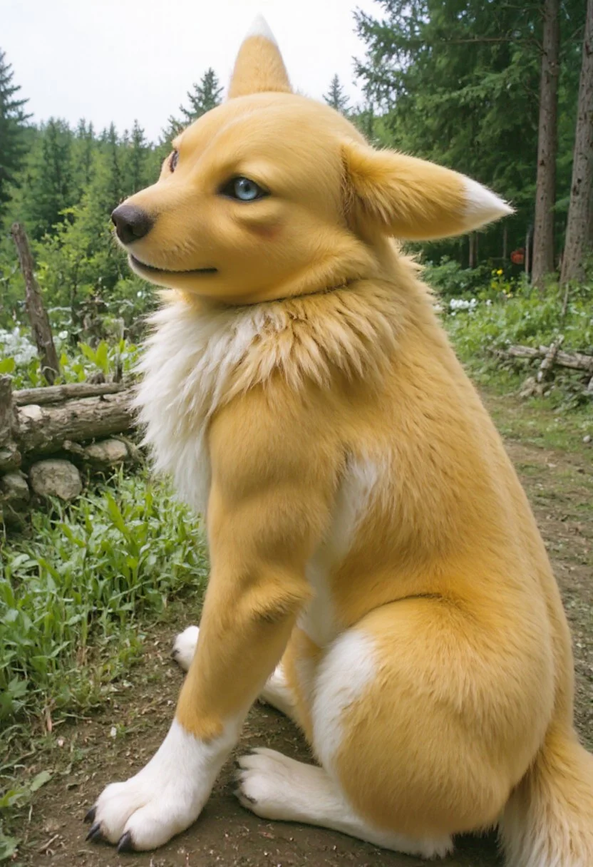 Photo of renamon, digimon girl with yellow fur, outisde, taken by Kodak MC3 camera,