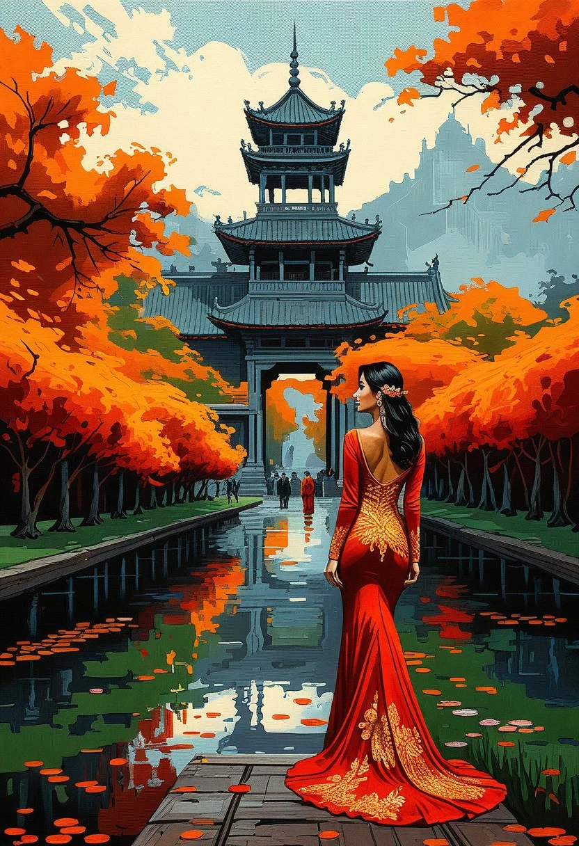 Silhouette Art, breathtaking detailed, masterpiece, awe-inspiring, radiant, magnificent. (all dark hues and fine vibrant orange glowing smoldering accent and shiny silver color scheme:1.02). glossy. stunning oriental woman, long hair, gold and red cheongsam
<lora:kallmekris:0.5> kallmekris mixed with <lora:esme_sdxl:0.5> esme , fantasy, fantasy art, A mystical forest filled with ancient trees, glowing flowers, and ethereal creatures like fairies and talking animals. animals, fairies, magical creatures, fantastic beasts, The atmosphere is both enchanting and eerie, with shadows of lurking dangers. In the center, a majestic tree with golden leaves serves as a gateway to different realms. Bengali landscape, Indian landscape,, i oil painting, palette knife soft brushstrokes, heavy strokes, dripping paint, art station on trend, sharp focus, intricate details, highly detailed ,art by enki bilal, art by philippe druillet, art by moebius, inspired by french comics art ,art by Jakub Rozalski,