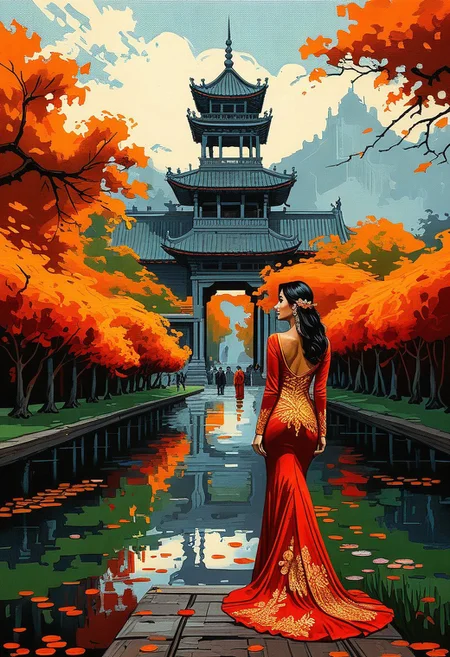 Silhouette Art, breathtaking detailed, masterpiece, awe-inspiring, radiant, magnificent. (all dark hues and fine vibrant orange glowing smoldering accent and shiny silver color scheme:1.02). glossy. stunning oriental woman, long hair, gold and red cheongsam
<lora:kallmekris:0.5> kallmekris mixed with <lora:esme_sdxl:0.5> esme , fantasy, fantasy art, A mystical forest filled with ancient trees, glowing flowers, and ethereal creatures like fairies and talking animals. animals, fairies, magical creatures, fantastic beasts, The atmosphere is both enchanting and eerie, with shadows of lurking dangers. In the center, a majestic tree with golden leaves serves as a gateway to different realms. Bengali landscape, Indian landscape,, i oil painting, palette knife soft brushstrokes, heavy strokes, dripping paint, art station on trend, sharp focus, intricate details, highly detailed ,art by enki bilal, art by philippe druillet, art by moebius, inspired by french comics art ,art by Jakub Rozalski,