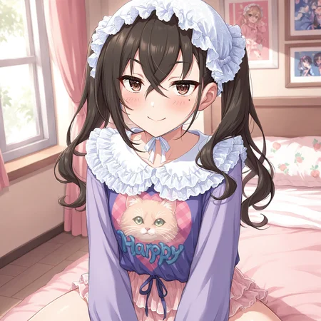 masterpiece, best quality, indoors, bedroom,
<lora:BabyAkira:1>, BabyAkira, solo, white headwear, black hair, long hair, twintails, hair between eyes, crossed bangs, brown eyes, mole under eye, frills, purple shirt, print shirt, clothes writing, long sleeves, skirt, blush, smile, sitting aside, looking at viewer