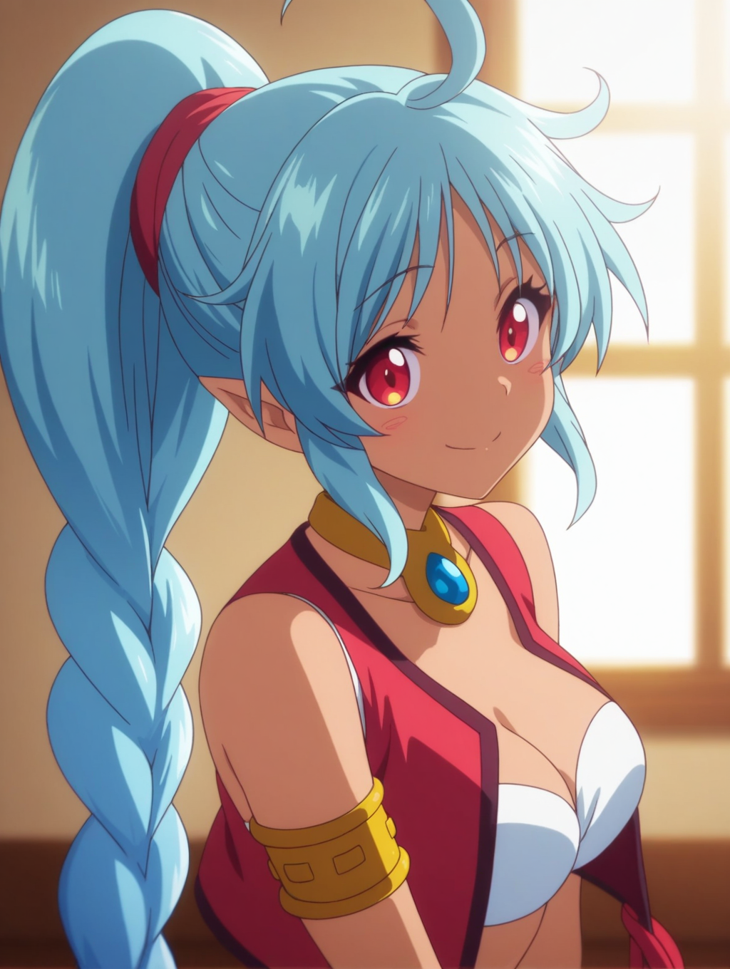 masterpiece, best quality, amazing quality, detailed, anime coloring, <lora:Ruru_S_LW:0.8>, Ruru_S_LW, anime screenshot, long hair, braid, ponytail, red eyes, blue hair, dark skin, dark-skinned female, ahoge, pointy ears, very long hair, 1girl, solo, breasts, vest, cleavage, medium breasts, jewelry, armlet, white bra, red vest, portrait, looking at viewer, smile, indoors, blurry background, three quarter view, indoors, window, sunlight