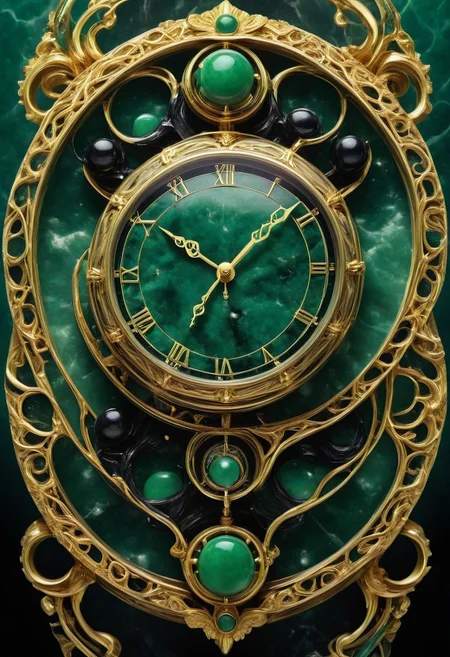 made from jade and obsidian, jade, obsidian,score_9, score_8_up, score_7_up, expensive looking, clock, golden clockhands