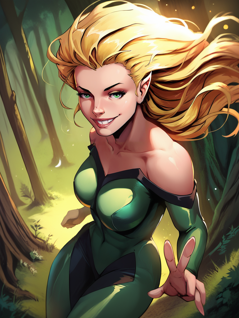 score_9, score_8_up, score_7_up, 1girl, forest, vegetation, detailed background, smile, looking at viewer, smile, cowboy shot, (dynamic pose:1.1), dynamic angle, v, from above,
 <lora:Meggan_character:1> MegganX, blonde hair, long hair, green eyes, large breasts, curvy, bare shoulders, green bodysuit, floating hair,  <lora:Rashed_AlAkroka__Art_Style_PONY_XL_by_UOC:0.7> r4sh3d4l4kr0k4, Rashed AlAkroka, Rashed AlAkroka Art Style,,