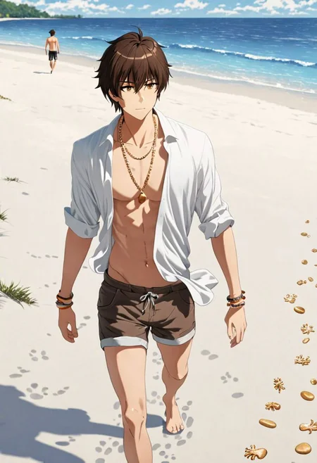 Highres, Masterpiece, High Quality, 4K, 8K, solo, 1Boy, Seiya Kanie, short dark brown hair, golden eyes, beach, calm, white sand, small coral, pebbles, clear sky, quiet, peaceful, walking, candid, breeze, footprints, happy, open shirt, shorts, sixpack, necklace, bracelet, easynegative, detailed_eye_model