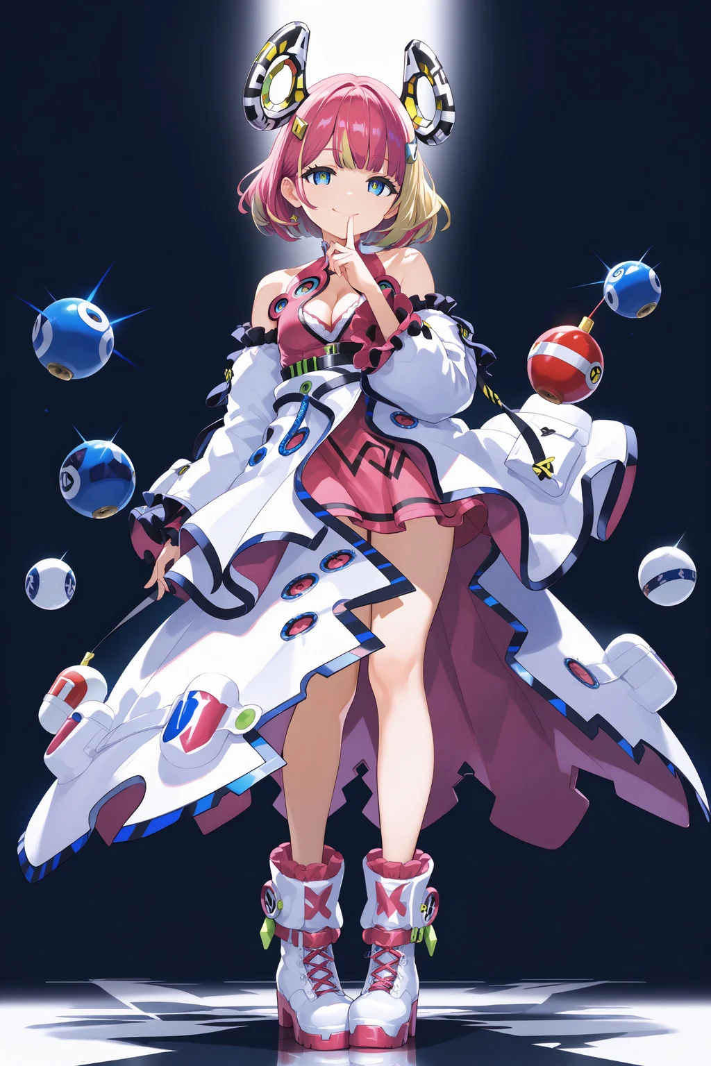 score_max, (score_9, score_8_up, score_7_up:1.2), score_6_up, official art, source_anime,
, masterpiece, absurdres, high detail, 8k,
dark room, cowboy shot,
standing, index finger rised, finger to own mouth, seductive smile, :3,
avarin, multicolored hair, dorigin, hair ornament, white coat, frills, bare shoulders, detached sleeves, long sleeves, pink shirt, cleavage cutout, capsule, white footwear, boots
<lora:XL_Pony_MGCM-avaritia-t2:1.0>