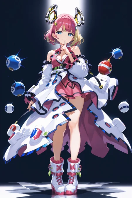 score_max, (score_9, score_8_up, score_7_up:1.2), score_6_up, official art, source_anime,
, masterpiece, absurdres, high detail, 8k,
dark room, cowboy shot,
standing, index finger rised, finger to own mouth, seductive smile, :3,
avarin, multicolored hair, dorigin, hair ornament, white coat, frills, bare shoulders, detached sleeves, long sleeves, pink shirt, cleavage cutout, capsule, white footwear, boots
<lora:XL_Pony_MGCM-avaritia-t2:1.0>