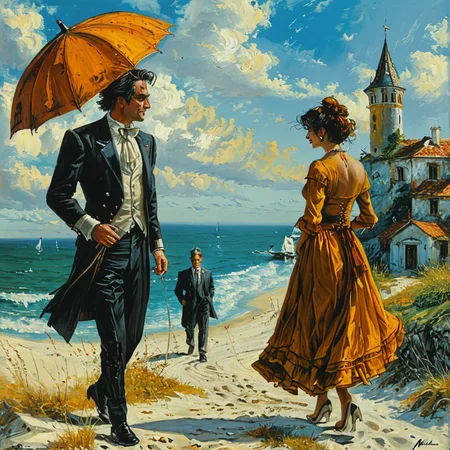 painting of a man and woman taking a walk in the beach on a nice sunny fall day  <lora:tbh129-sdxl:1> style of Michael Cheval