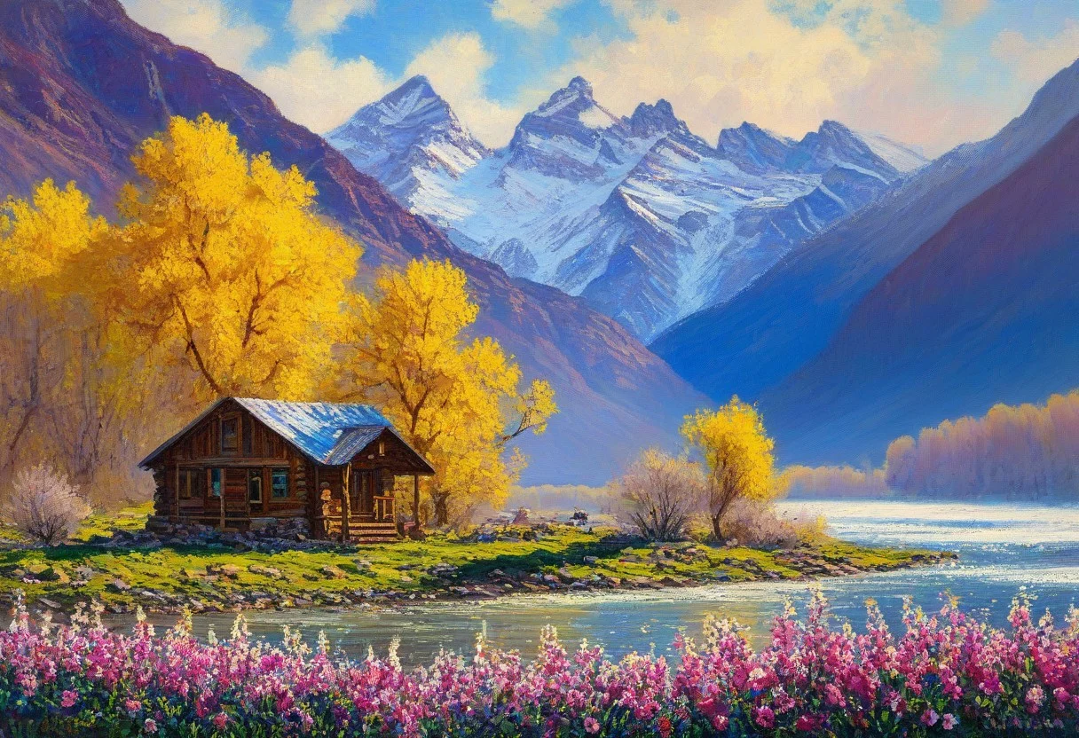 Create an amazing oil painting Pic of the following: a white fog appears high above the Colorado river, lone cabin, snow capped peaks, vivid natural colors, bright, amazing landscape, perfect composition, a rich and complex image of country life, spring blooms along the riverfront, sun rays, a vibrant tissue of hues and textures captured digitally, best quality, double exposure, realistic, captivating, fantastical, splash art, intricately detailed, hyper detailed, maximalist style, photorealistic, concept art, sharp focus, harmony, serenity, calm, mysterious glow, dynamic lighting, masterpiece, superb composition, finest details, highest aesthetics, strong muted highlighter of fantastical beach rock scenery, mystical glow, best quality, sharp focus, high contrast, stylized, clear, colorful, ultra quality, 8k, best quality, cmnt, masterpiece,midjourneyv6.1