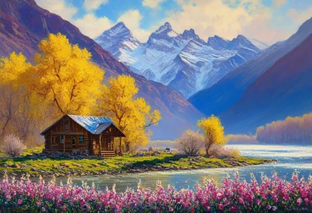 Create an amazing oil painting Pic of the following: a white fog appears high above the Colorado river, lone cabin, snow capped peaks, vivid natural colors, bright, amazing landscape, perfect composition, a rich and complex image of country life, spring blooms along the riverfront, sun rays, a vibrant tissue of hues and textures captured digitally, best quality, double exposure, realistic, captivating, fantastical, splash art, intricately detailed, hyper detailed, maximalist style, photorealistic, concept art, sharp focus, harmony, serenity, calm, mysterious glow, dynamic lighting, masterpiece, superb composition, finest details, highest aesthetics, strong muted highlighter of fantastical beach rock scenery, mystical glow, best quality, sharp focus, high contrast, stylized, clear, colorful, ultra quality, 8k, best quality, cmnt, masterpiece,midjourneyv6.1