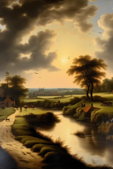 <lora:Salomon van Ruysdael Style:1>Salomon van Ruysdael Style - A realistic 17th-century landscape inspired by the works of Aelbert Cuyp. Capture the serene mood of the Dutch Golden Age with a vast open field stretching into the distance. Include rolling hills and a winding river that reflects the soft light of the setting sun. Pay attention to the details of the flora and fauna, showcasing the lush greenery and wildflowers of the countryside. The key focus should be on the dramatic clouds that fill the sky, casting shadows on the landscape below. Emphasize the play of light and shadow, creating a sense of depth and perspective. Use a combination of warm and cool tones to evoke the atmospheric conditions of the scene. For the camera setup, use a medium-format film camera, such as a Hasselblad 500CM, to capture the level of detail and tonal range present in Cuyp's paintings. Choose a wide-angle lens, such as a 35mm or 50mm, to encompass the vastness of the landscape and enhance the sense of depth. Set the aperture to a medium value, around f/8, to ensure a good balance between sharpness and depth of field. Consider using a tripod to maintain stability during the longer exposure times that may be necessary for optimal lighting conditions. Lastly, take your time to compose the shot, considering the rule of thirds and the placement of key elements within the frame. Aim to create a composition that captures the essence of Cuyp's landscape paintings while adding your own personal touch.