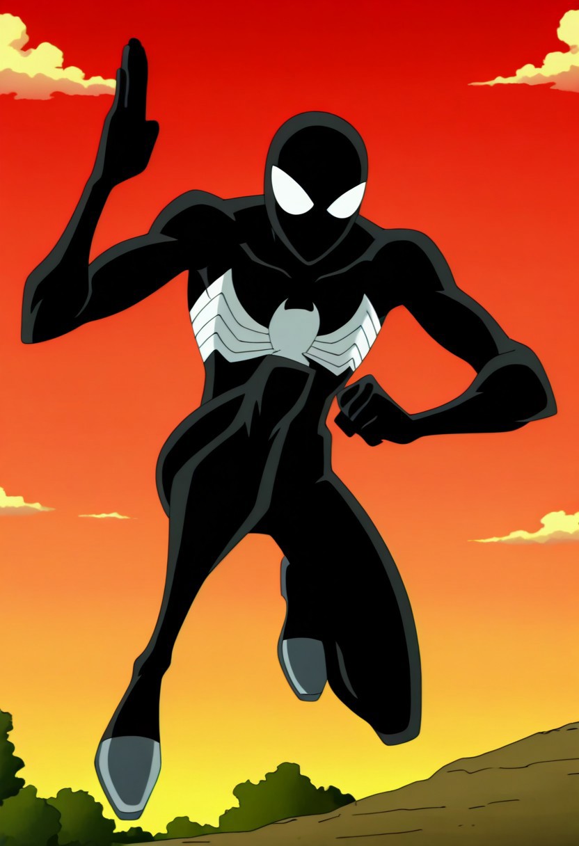 anime screencap, anime coloring, masterpiece, best quality, amazing quality, absurdres, male focus, 1boy, solo, black bodysuit, mask, superhero, muscular, white eyes, skinny, cloud, full body, fighting stance, park