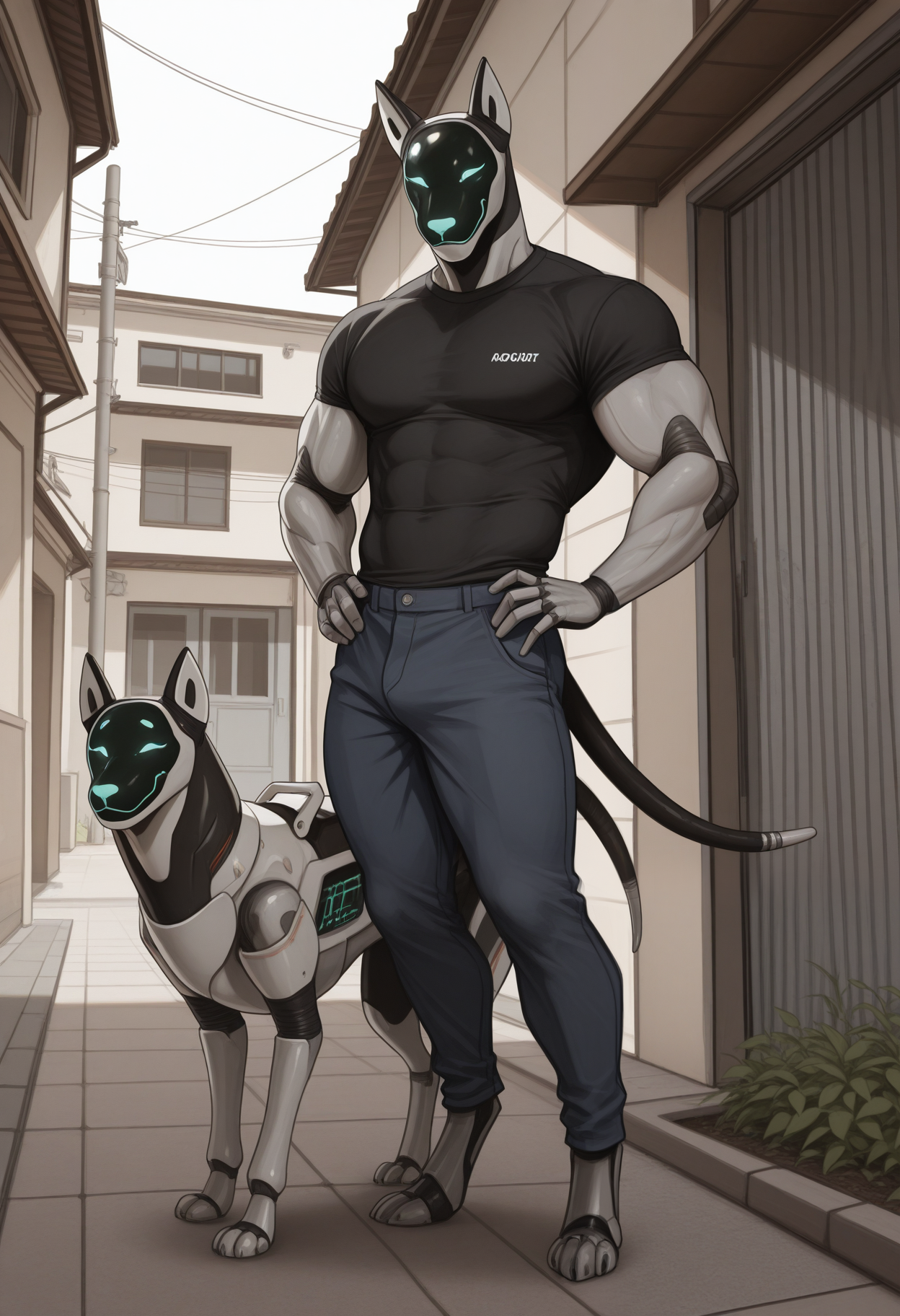 masterpiece,best quality,amazing quality, 1boy, solo, 4rchi3, robot dog, muscular, anthro, digitigrade, mechanical dog tail, outdoors, full body, hands on hips, shirt, pants,