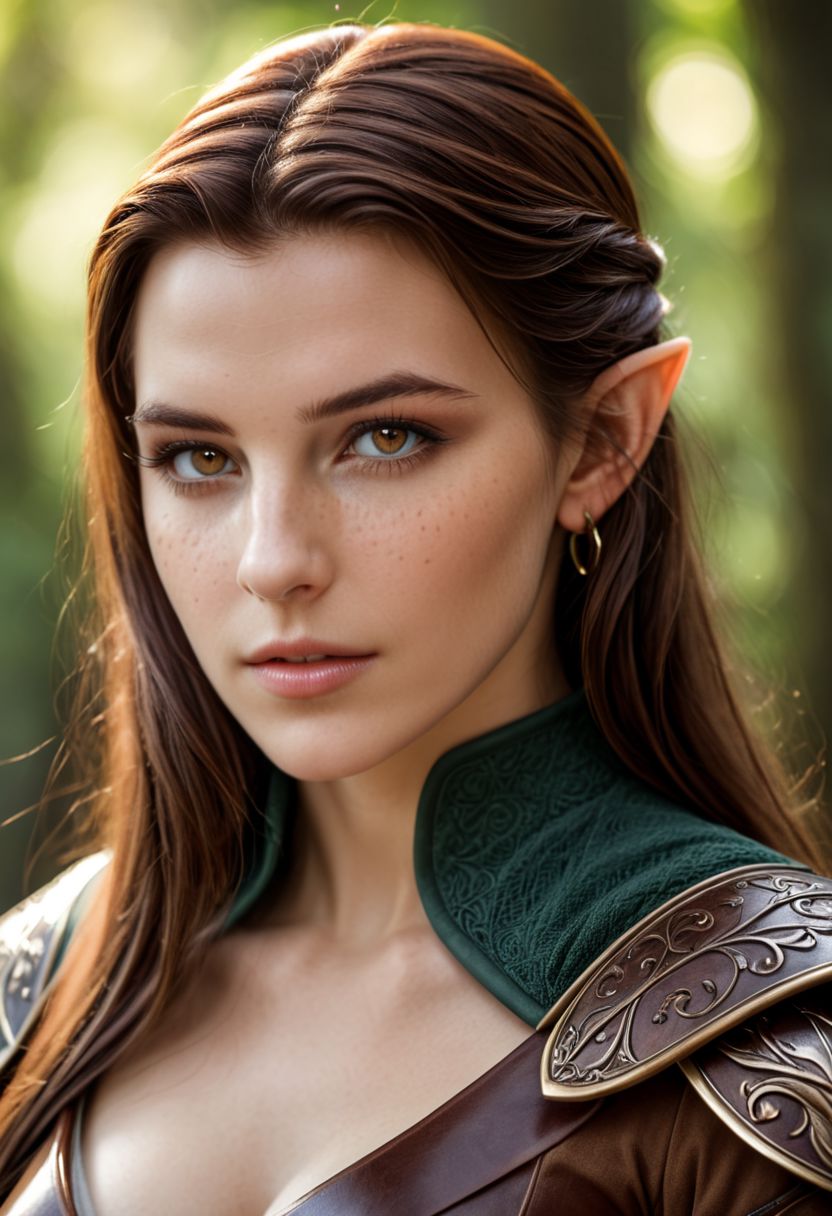 high fantasy style RAW photo, (Beautiful elf woman with pointed ears), Magical, medieval fantasy style, vibrant, stunningly beautiful, crisp, detailed, high contrast, cinematic, ultra detailed, intricate, professional, (high quality:1.4), (intricate, high detail:1.2), professional photography, HDR, High Dynamic Range, realistic, ultra realistic, photorealistic, high resolution, film photography, ambient lighting, UHD, Elf, sleek leather armor, Dark cloak, brown Hair, Freckles, brown eyes, face focus, cleavage, elf ears, elven jewelery, close up,